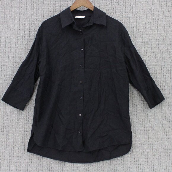 Neu Nomads Linen Shirt Womens XS Black Solid Button Down Oversized 3/4 Sleeve - Picture 1 of 10